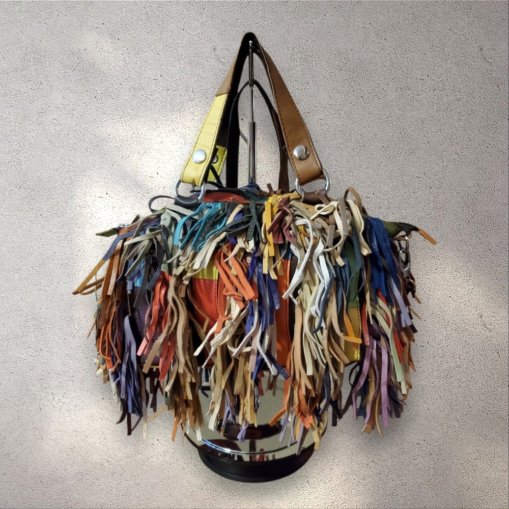 Vintage Multicolored All Leather Fringed Handbag Y2K Boho Tassel Satchel Purse - Picture 10 of 14
